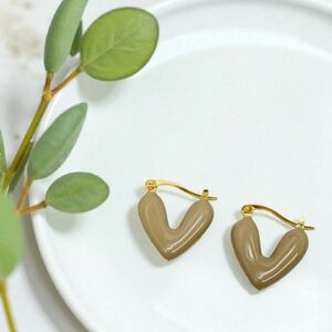 Heart shaped enamel stud earrings; coffee brown glaze